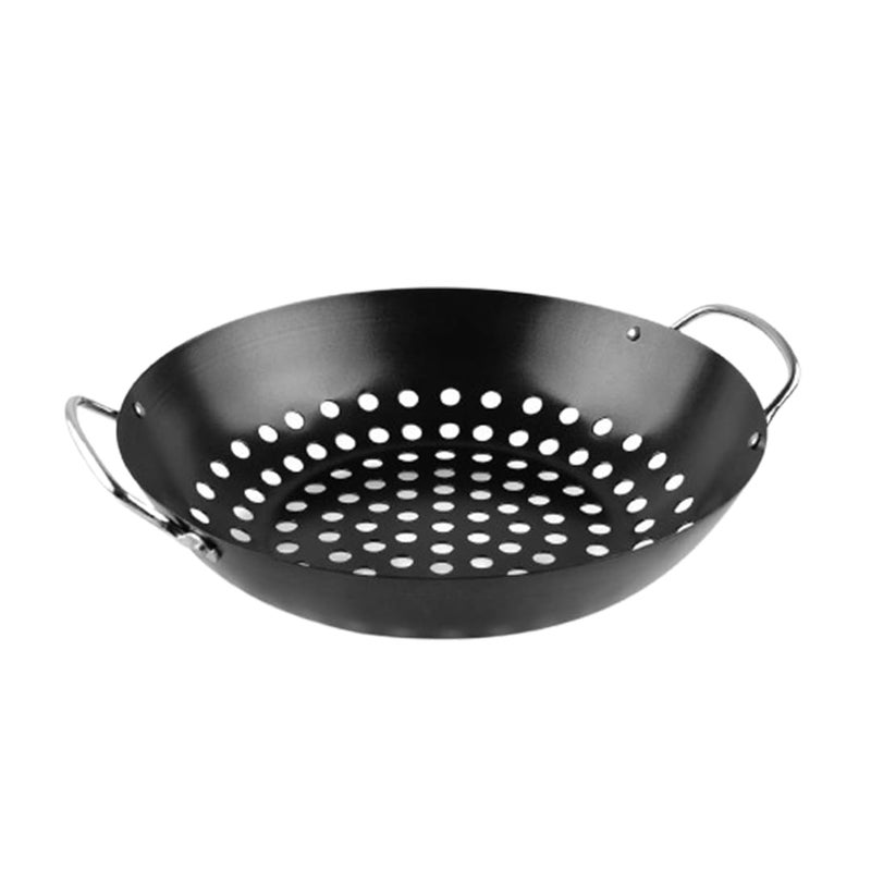 SHREESAMP SHREESAMP Round Grill Wok with Handle for Egg Veggie Basket, BBQ Accessory Coated Steel with Handles, Barbecue Grilling Topper Wok for Meat, Chicken and Vegetable, Heat Resistant - Dishwasher Safe  - Image 1