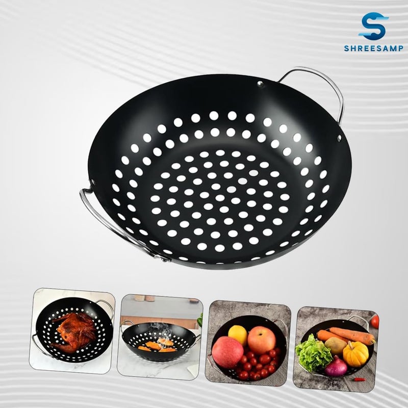 SHREESAMP SHREESAMP Round Grill Wok with Handle for Egg Veggie Basket, BBQ Accessory Coated Steel with Handles, Barbecue Grilling Topper Wok for Meat, Chicken and Vegetable, Heat Resistant - Dishwasher Safe  - Image 4