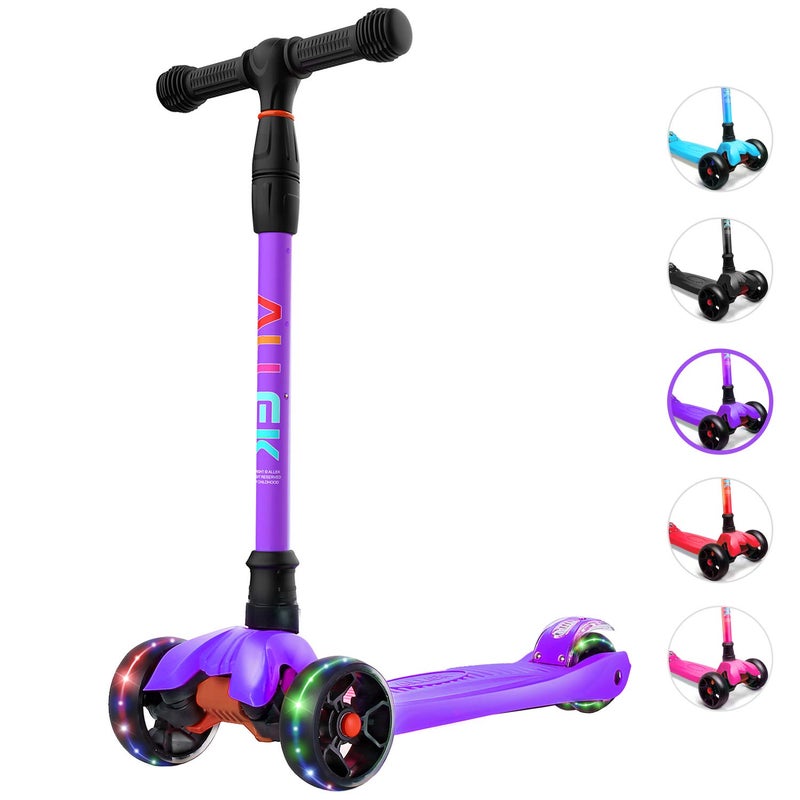 Allek Kick Scooter B02 Lean N Glide Scooter with Extra Wide PU LightUp Wheels and 4 Adjustable Heights for Children from 312yrs Purple