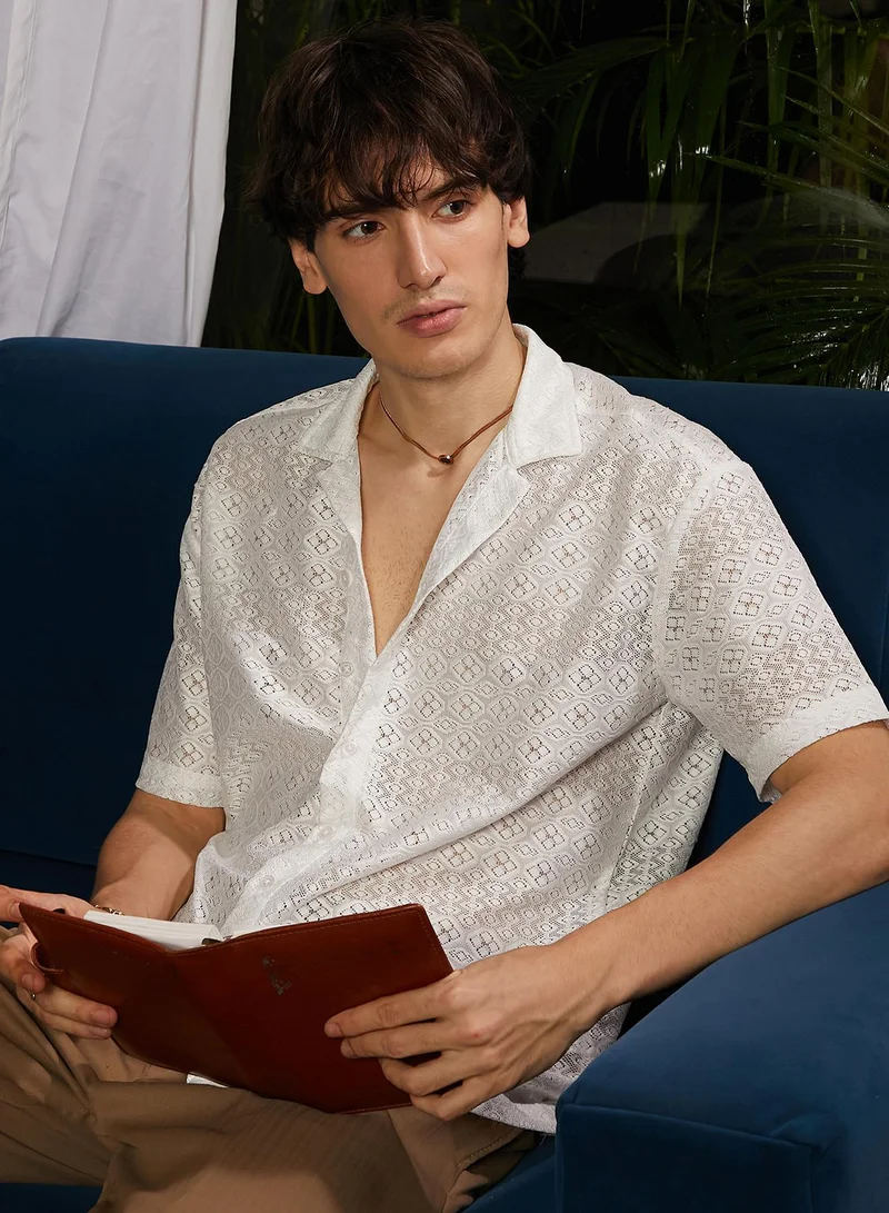 Campus Sutra Men's Ivory White Ditsy Knit Shirt
