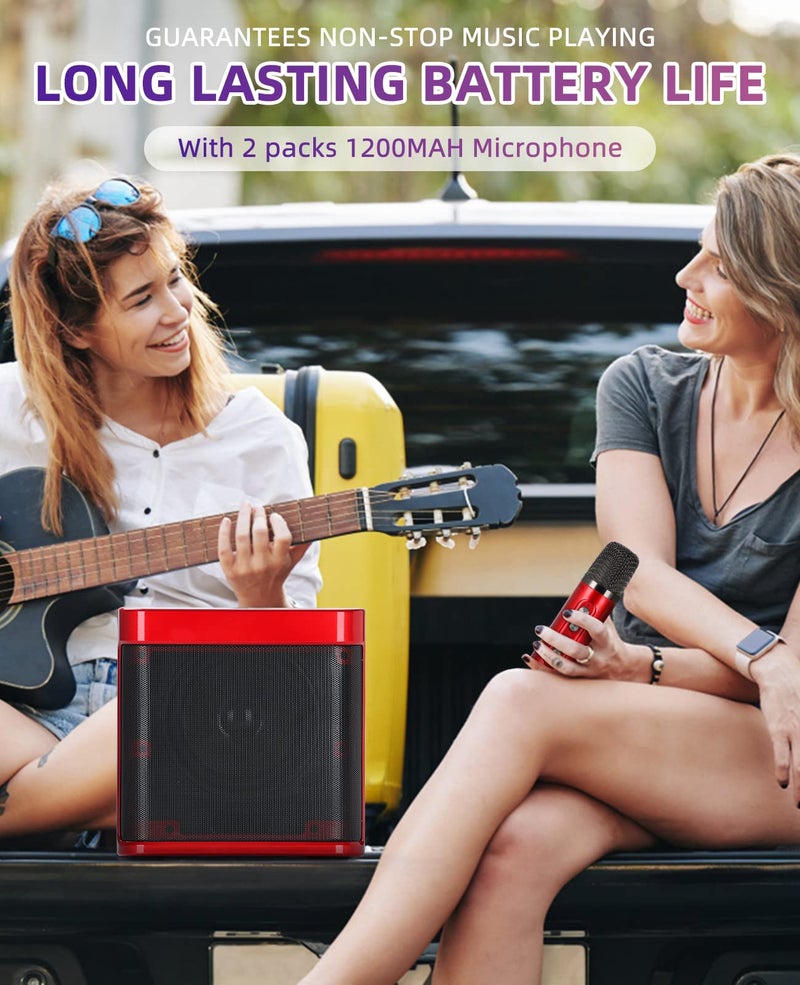 JIEFOCH Mini Karaoke Machine for Adults and Kids,Portable Bluetooth Karaoke Speaker for TV, with 2 Wireless Microphones PA Speaker System for Indoor Outdoor Party, Family Party Singing (Red Black) - Image 3