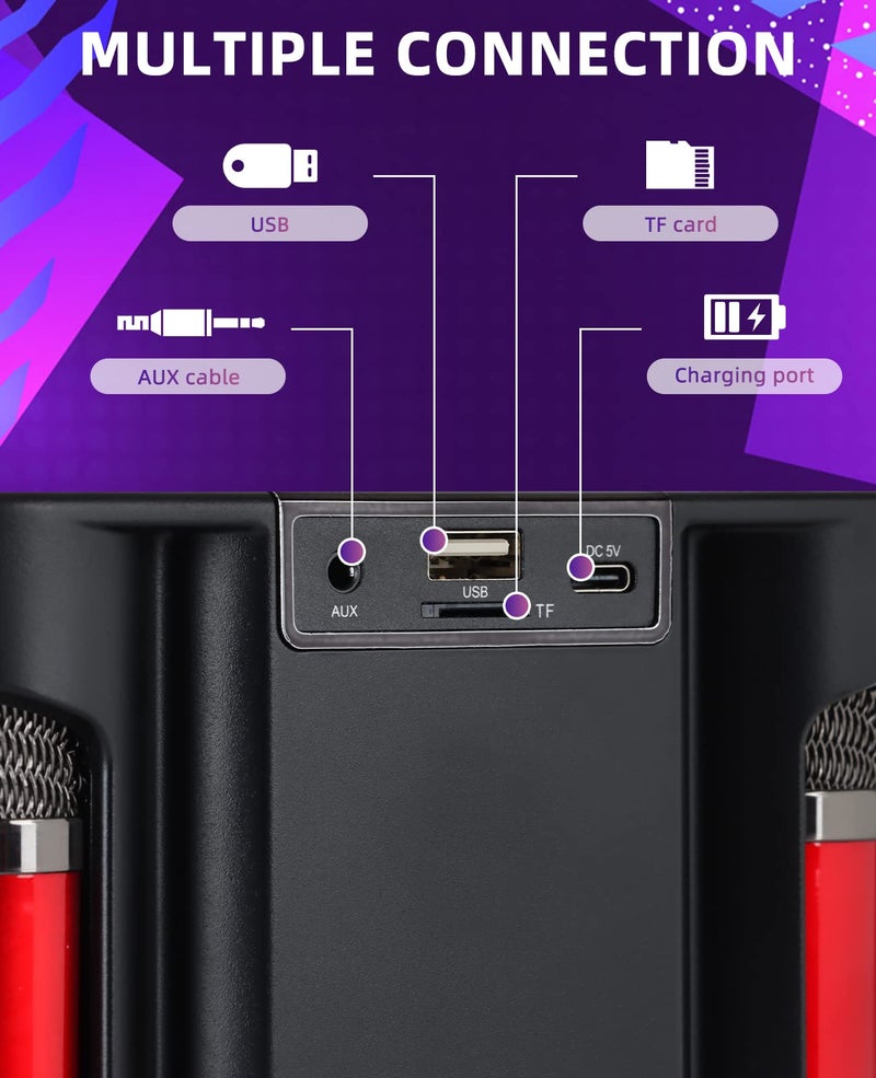 JIEFOCH Mini Karaoke Machine for Adults and Kids,Portable Bluetooth Karaoke Speaker for TV, with 2 Wireless Microphones PA Speaker System for Indoor Outdoor Party, Family Party Singing (Red Black) - Image 4