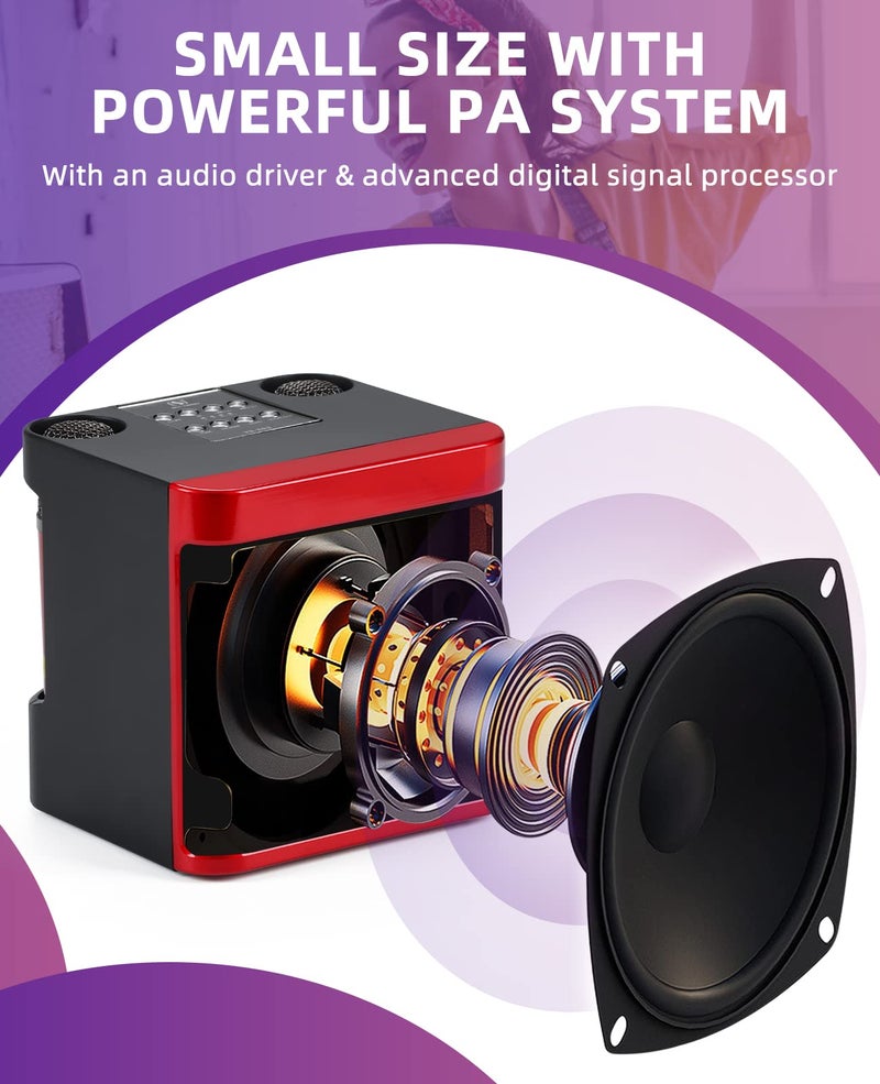 JIEFOCH Mini Karaoke Machine for Adults and Kids,Portable Bluetooth Karaoke Speaker for TV, with 2 Wireless Microphones PA Speaker System for Indoor Outdoor Party, Family Party Singing (Red Black) - Image 5