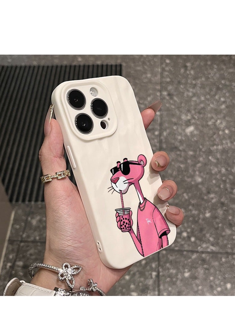 NIBEMINENT Drink Milk Tea Pink Panther Protective TPU Case Cover For IPhone 15 Pro, Antique White