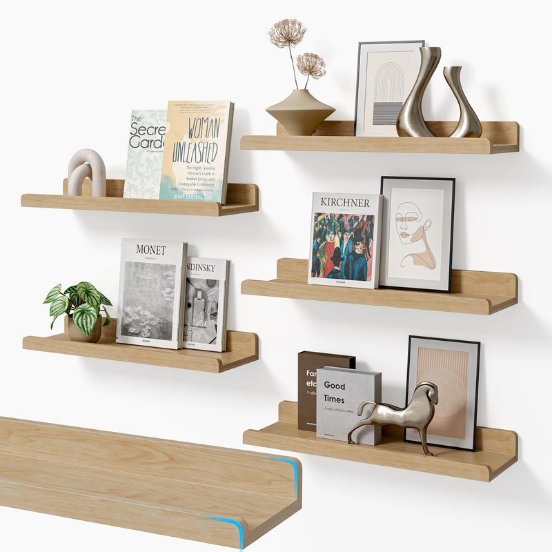 YUFLINX 16â€™â€™Natural Floating Shelves for Wall Set of 6,Rustic Wood Shelf for Room Decor/Storage/Display,Small Bookshelf,Wall Mounted Hanging Shelves for Bedroom, Bathroom, Living Room, Kitchen - Image 1