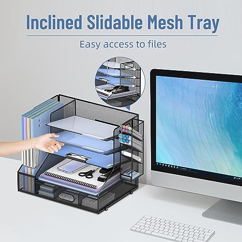 SUPEASY Desk Organizer with File Holder, 5-Tier Mesh Paper Letter Tray and 3 Tilted File Sorter for Office Supplies, Black - Image 2