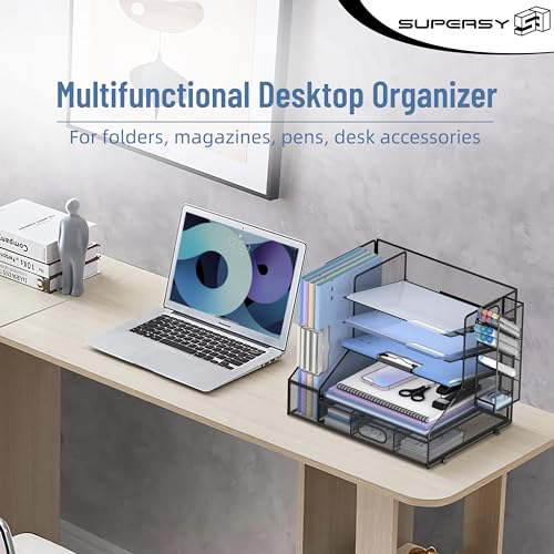 SUPEASY Desk Organizer with File Holder, 5-Tier Mesh Paper Letter Tray and 3 Tilted File Sorter for Office Supplies, Black - Image 4