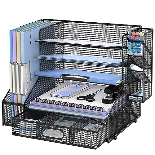 SUPEASY Desk Organizer with File Holder, 5-Tier Mesh Paper Letter Tray and 3 Tilted File Sorter for Office Supplies, Black - Image 1