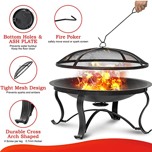 SINGLYFIRE 29 inch Fire Pits for Outside Firepit Outdoor Wood Burning Bonfire Pit Steel Firepit Bowl for Patio Backyard Camping,with Ash Plate,Spark Screen,Log Grate,Poker, bronze - Image 3