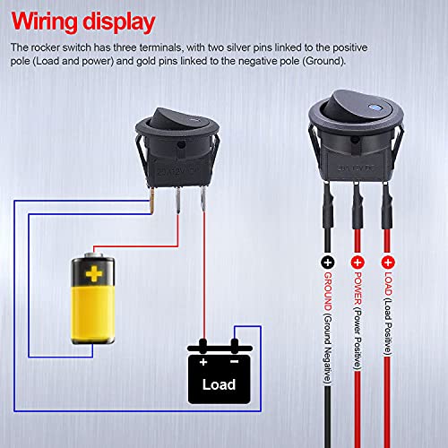 Twidec/8Pcs SPST Round Dot Lighted Rocker Switch Toggle Control for Car Or Boat 20A 12V DC On/Off Blue LED Light with Pre-soldered Wires KCD2-102N-BU-X - Image 3