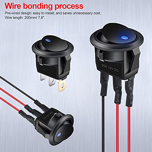Twidec/8Pcs SPST Round Dot Lighted Rocker Switch Toggle Control for Car Or Boat 20A 12V DC On/Off Blue LED Light with Pre-soldered Wires KCD2-102N-BU-X - Image 2