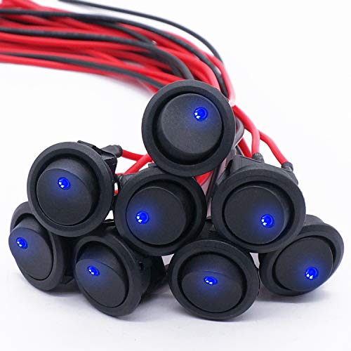 Twidec/8Pcs SPST Round Dot Lighted Rocker Switch Toggle Control for Car Or Boat 20A 12V DC On/Off Blue LED Light with Pre-soldered Wires KCD2-102N-BU-X - Image 1