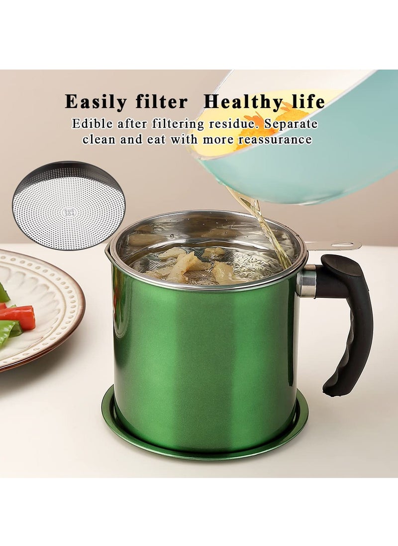 SYOSI - Grease Container with Strainer, 1.4L Stainless Steel Oil Container for Storing Used Cooking Oil with Lid & Handle Suitable for Home Use (Green) - Image 1