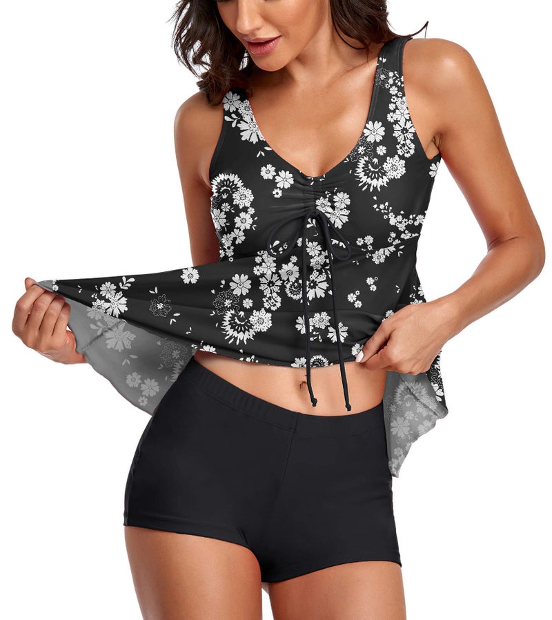 Omichic Womens Athletic Two Piece Bathing Suits Raceback Bikini Swimwear Tankini Tops Boyleg Bottom Black X-Large - Image 2