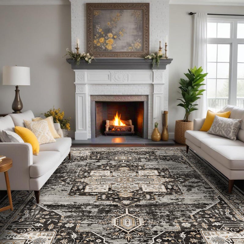 RUUGME Washable 9x12 Area Rugs - Large Rugs for Living Room Stain Resistant Carpet Vintage Rugs for Bedroom with Non Slip Backing Home Decor Floor Decoration Mat (9x12 Black) - Image 1