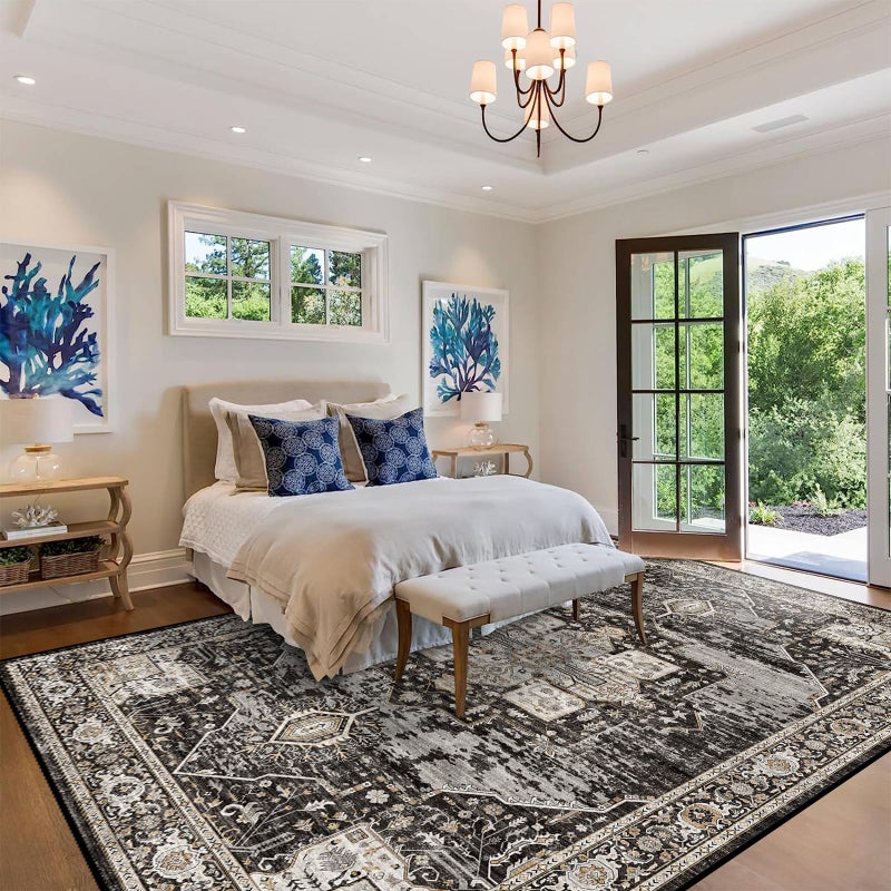 RUUGME Washable 9x12 Area Rugs - Large Rugs for Living Room Stain Resistant Carpet Vintage Rugs for Bedroom with Non Slip Backing Home Decor Floor Decoration Mat (9x12 Black) - Image 2