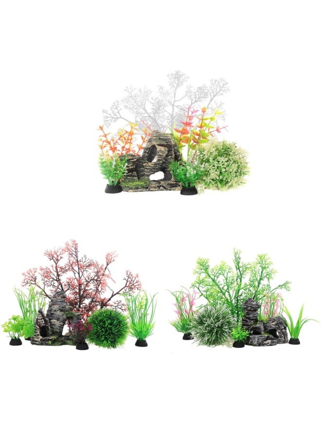 7 قطع من نباتات بلاستيكية لحوض السمك وديكورات صخور الكهف، نباتات اصطناعية لحوض السمك مع صخور الكهف (أحمر) - Image 2