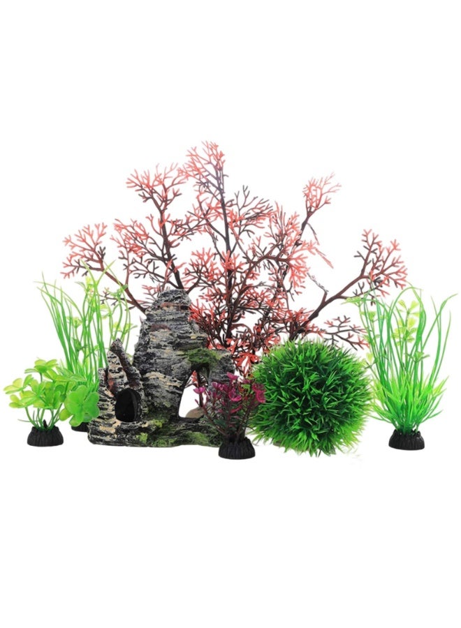 7 قطع من نباتات بلاستيكية لحوض السمك وديكورات صخور الكهف، نباتات اصطناعية لحوض السمك مع صخور الكهف (أحمر) - Image 1
