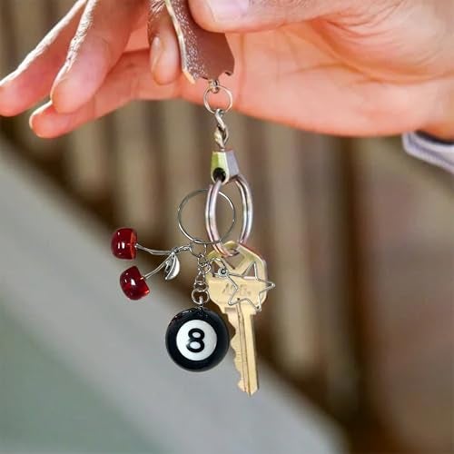 Spansee 8 Ball Keychain With Star - Red Cherry, Pool Ball, Creative Key Chain, Number Eight Black Billiard Keyring (0.98in) - Image 3