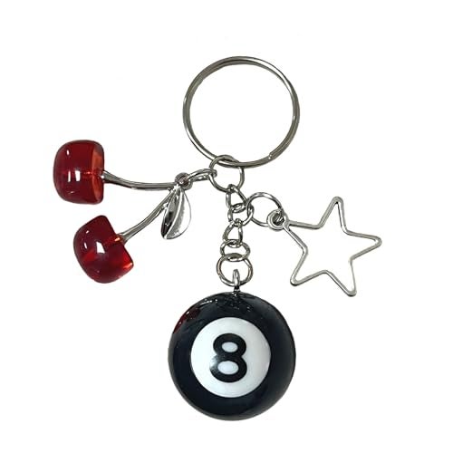 Spansee 8 Ball Keychain With Star - Red Cherry, Pool Ball, Creative Key Chain, Number Eight Black Billiard Keyring (0.98in) - Image 1