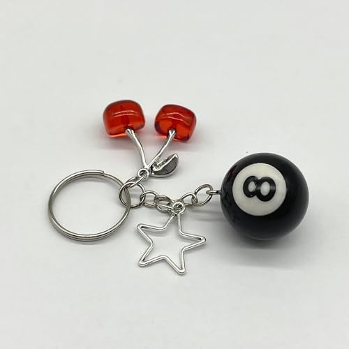 Spansee 8 Ball Keychain With Star - Red Cherry, Pool Ball, Creative Key Chain, Number Eight Black Billiard Keyring (0.98in) - Image 2