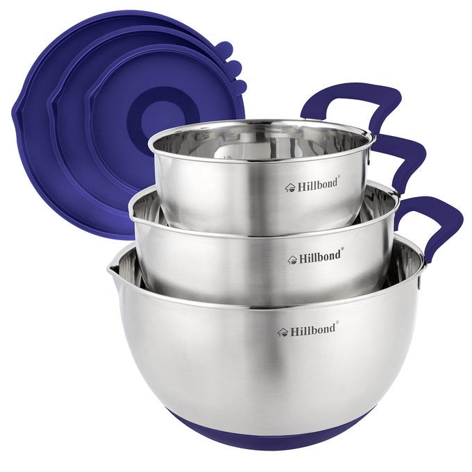 MIXING BOWLS WITH BPA FREE AIRTIGHT LIDS STAINLESS STEEL NESTING BOWLS WITH POUR SPOUT SILICONE HANDLE NONSLIP BOTTOMS FOR BAKING DISHWASHER SAFE METAL BOWLS 15 3 5 QT BLUE