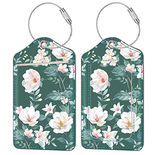 Coco Rossi (Set of 2) Luggage Tag Leather Privacy Cover ID Label Address Card with Stainless Steel Loop, Travel Bag Tags Suitcase Labels, Alpine Green - Image 1