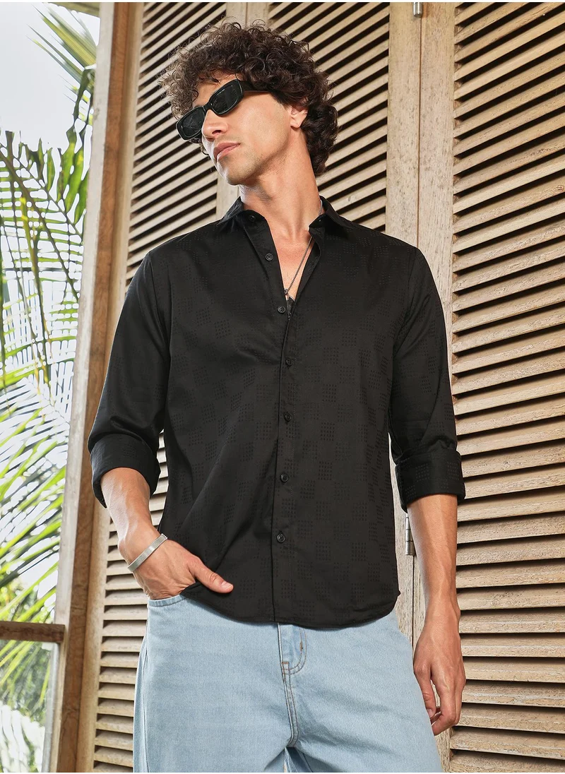 Campus Sutra Men's Obsidian Black Dotted-Cuboid Shirt