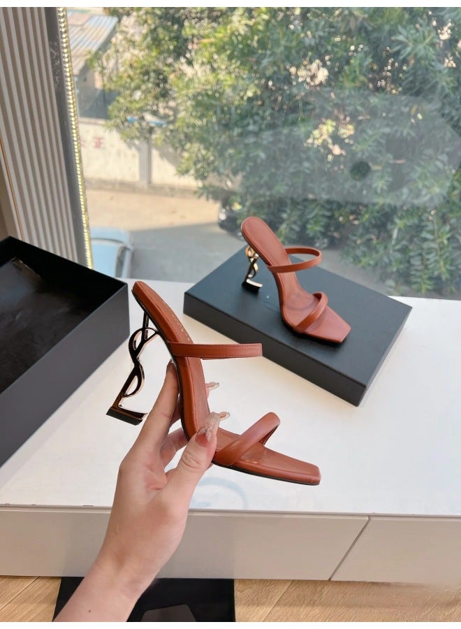 Yang Shulin High Heels, French Internet Celebrity's Same Style Square Toe Open Toe With Letters, Super High Heels, Fashionable Sandals And Slippers
