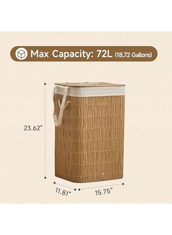 سلة غسيل مع غطاء، سعة 19 جالون (72 لتر) مع كيسين مبطنين قابلين للازالة، سلة ملابس من الراتان الصناعي، منظم غسيل للحمام وغرفة الغسيل، لون طبيعي - Image 5