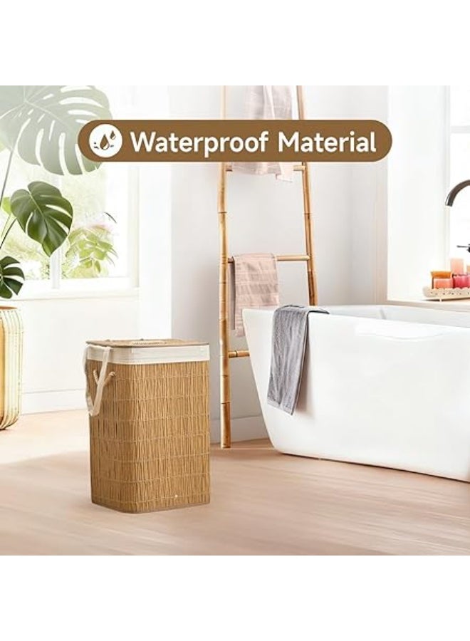 سلة غسيل مع غطاء، سعة 19 جالون (72 لتر) مع كيسين مبطنين قابلين للازالة، سلة ملابس من الراتان الصناعي، منظم غسيل للحمام وغرفة الغسيل، لون طبيعي - Image 4