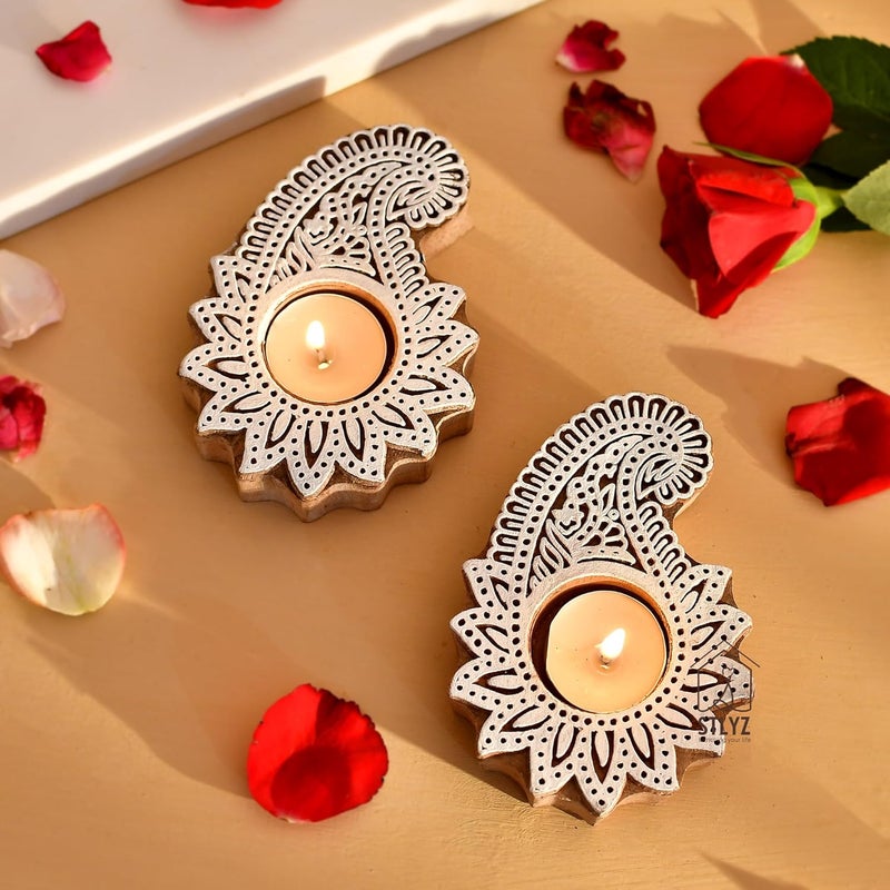 Grahvatika Wooden Block Tealight Holder Boota Shape Tealight Candle Holder Boota Shaped Block Tlight for Deepawali Decoration Mandala Stamp Printing CandlePack of 6