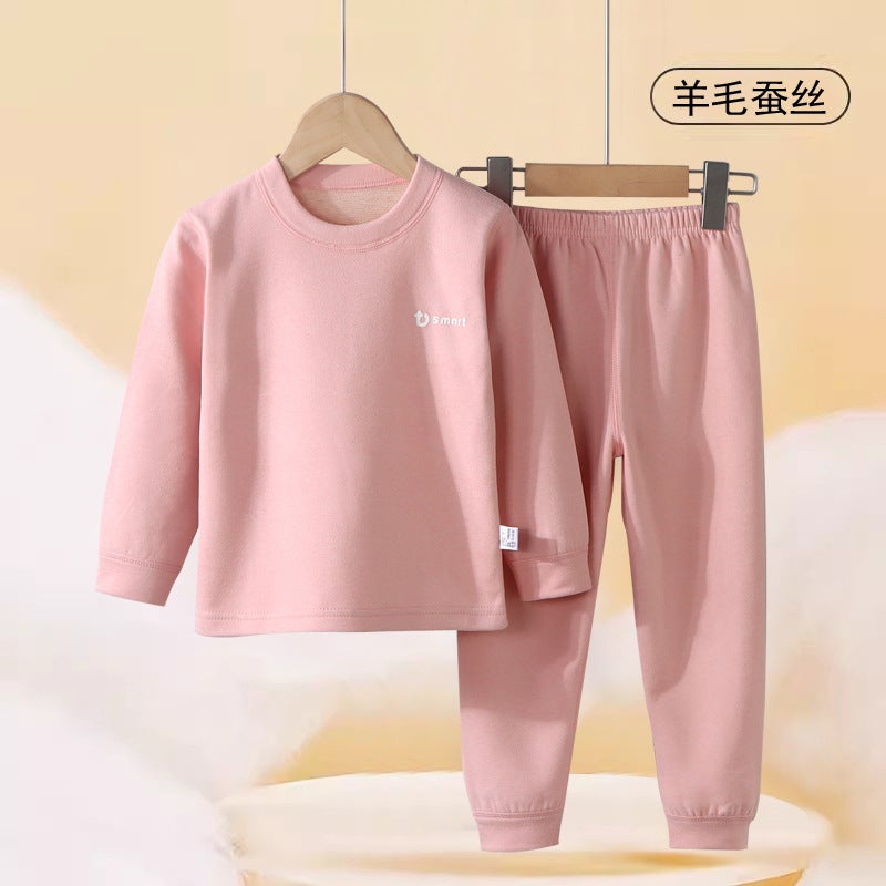 Unisex Children's Thickened Wool Silk Pajamas Set – Long Sleeve Thermal Underwear for Autumn - Image 1