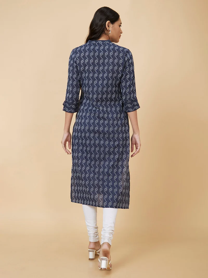 globus  Women Blue Woven Design Band Collar Thread Work Pure Cotton Kurta for Women | Best Price UAE