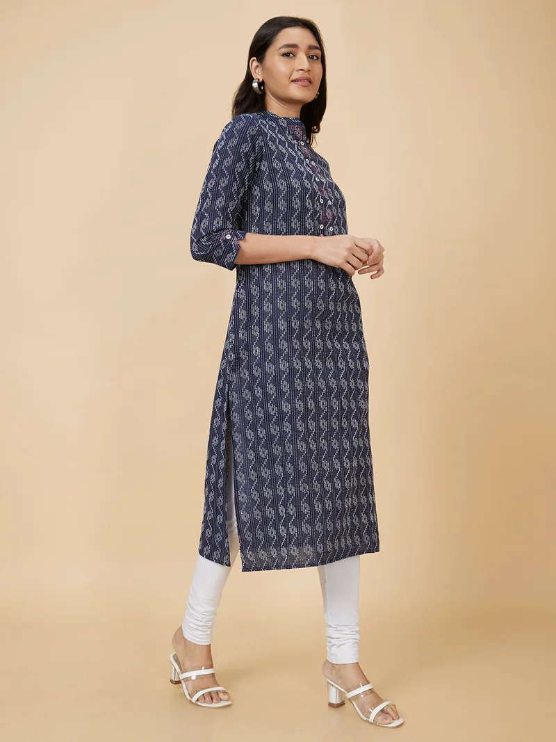 globus  Women Blue Woven Design Band Collar Thread Work Pure Cotton Kurta for Women | Best Price UAE