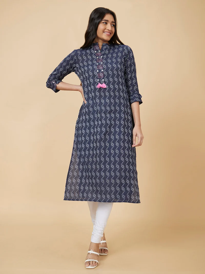 globus  Women Blue Woven Design Band Collar Thread Work Pure Cotton Kurta for Women | Best Price UAE