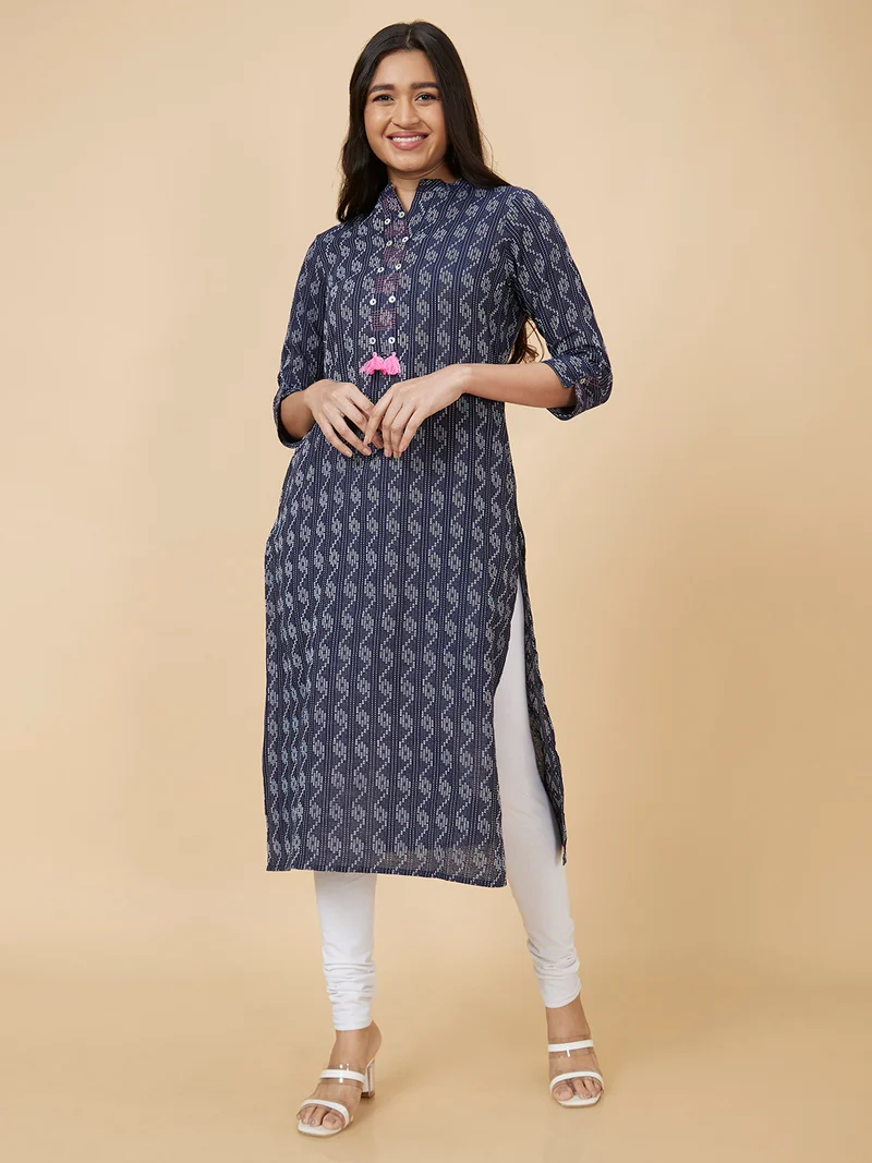 globus  Women Blue Woven Design Band Collar Thread Work Pure Cotton Kurta for Women | Best Price UAE