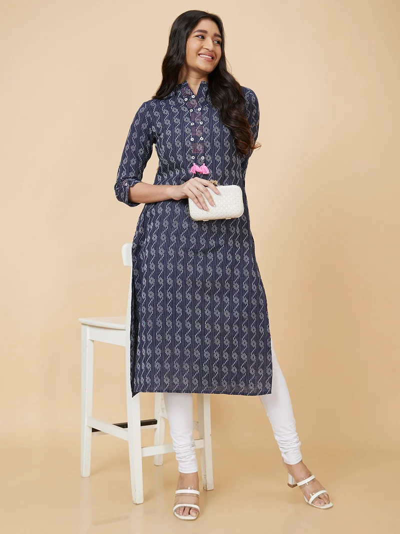 Women Blue Woven Design Band Collar Thread Work Pure Cotton Kurta