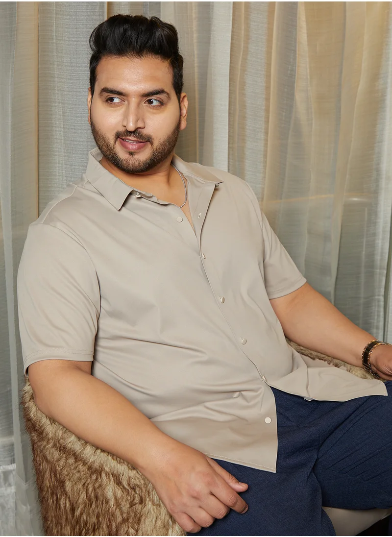 انستافاب بلس Instafab Plus Men's Khaki Beige Seamless Solid Shirt For Casual Wear | Spread Collar | Short Regular Sleeves | Button Closure | Plus Size Shirt Crafted With Comfort Fit For Everyday Wear