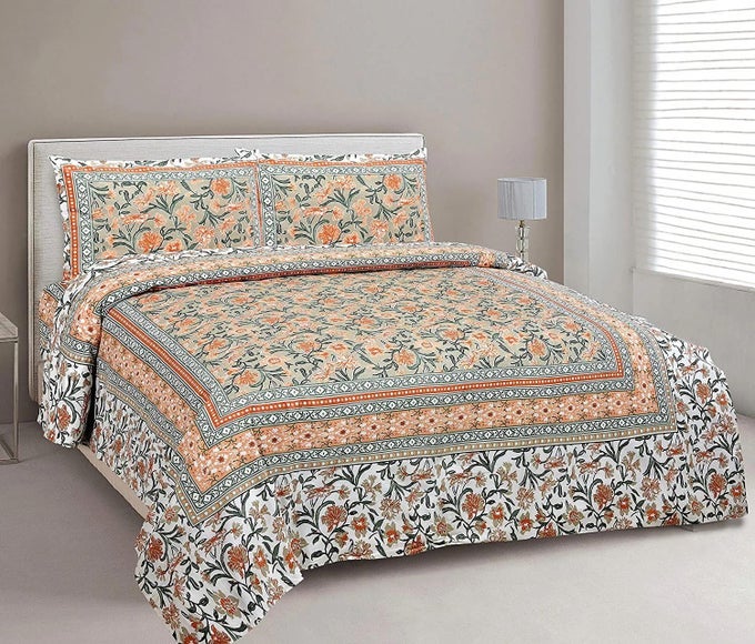 COTTON KING SIZE BEDSHEET DOUBLE BED 90X108 GARDEN PRINT WITH 2 PILLOW COVERS 180 TC
