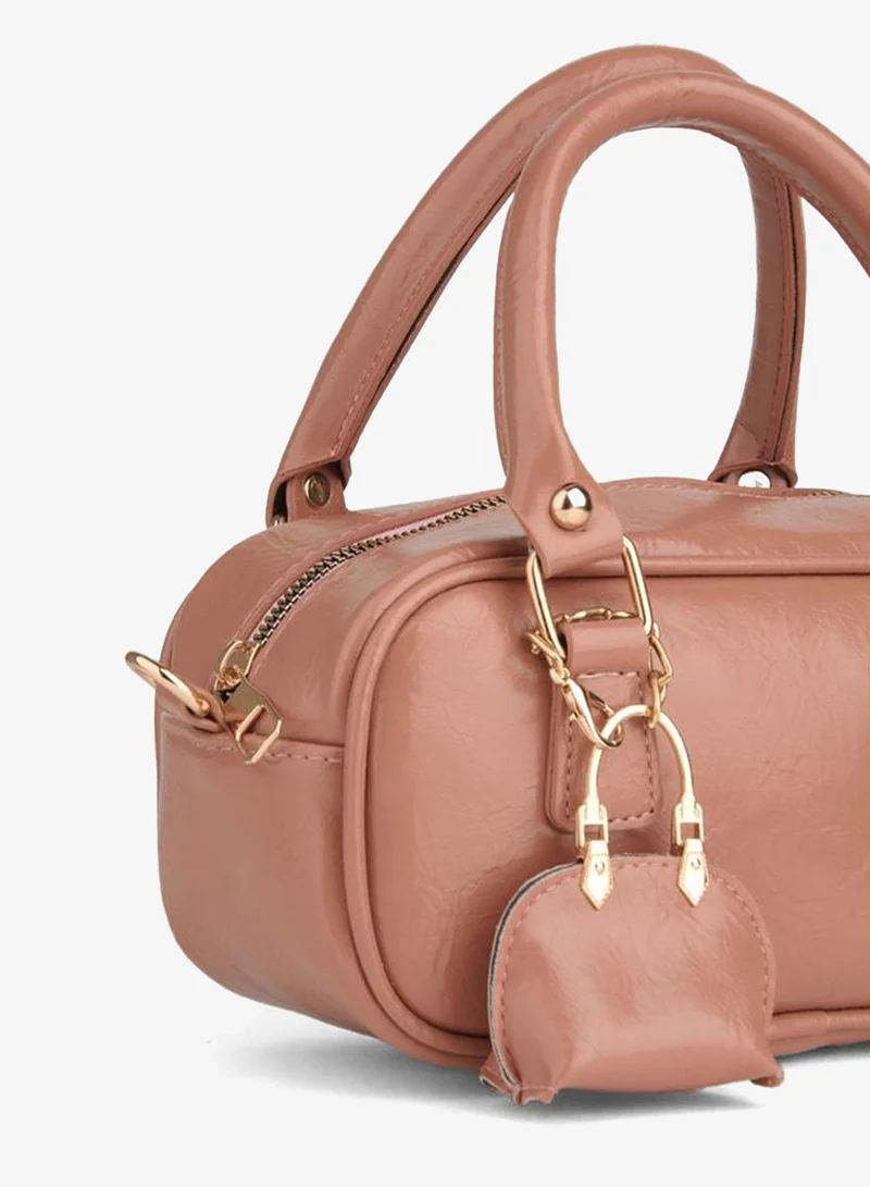 Women's Tulip Mocha Bag with Charm Details, Rugan Leather, Zipper Closure, Hand, Crossbody and Shoulder Bag.