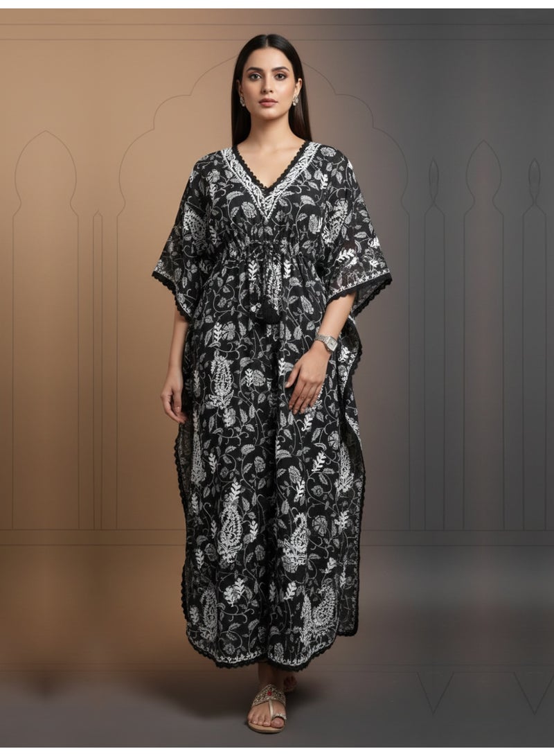 الايا كفتان مطرز يدويًا بتطريز شيكانكاري قطني - Image 1