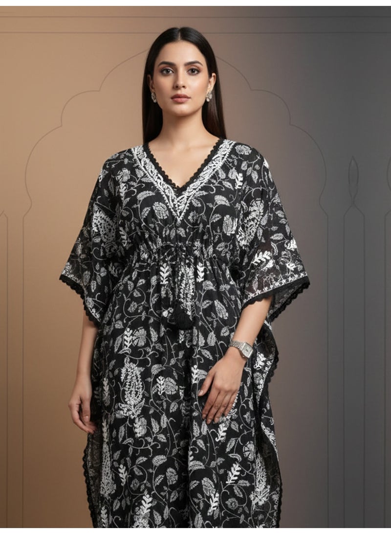 الايا كفتان مطرز يدويًا بتطريز شيكانكاري قطني - Image 4