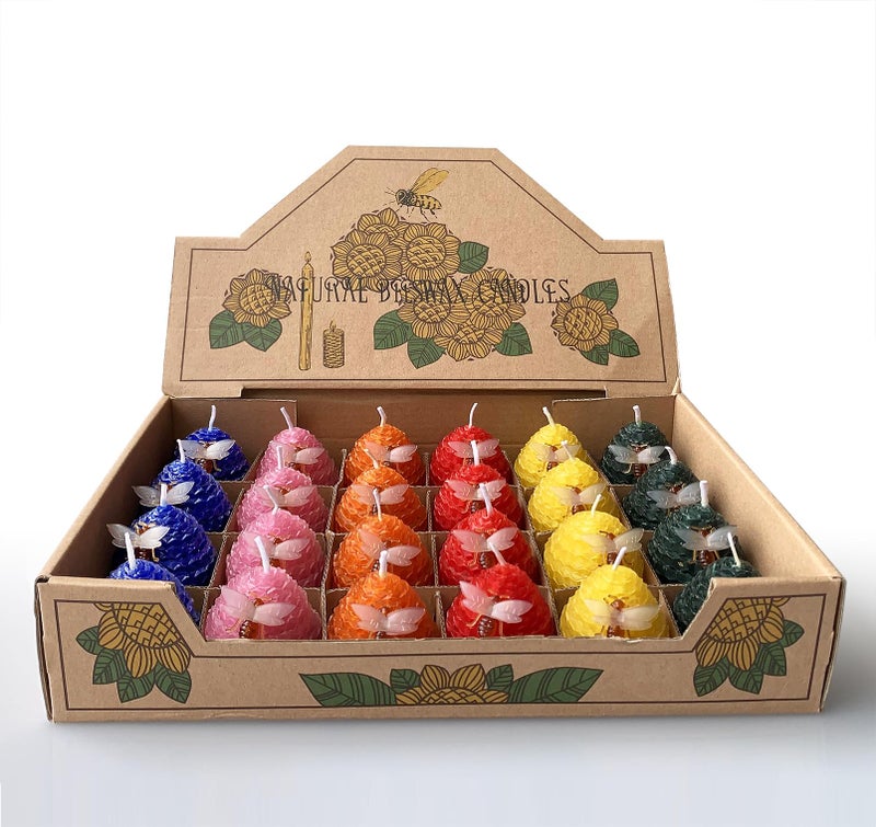 Lacaser Beeswax Candles Bulk Set of 24, Bee Themed Votive Candles, Dripless & Smokeless & Unscented, Dia 1.77" x1.97" Each, 6 Assorted Colors - Image 1