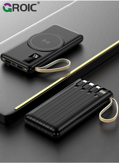 Wireless Portable Charger 10000mAh, Magnetic Power Bank with Built-in Cables LED Display, Magsafe Battery Pack with Stand 22.5W PD Fast Charging for iPhone