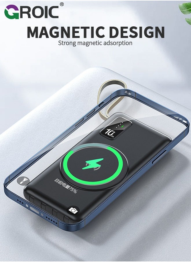 GROIC - Wireless Portable Charger 10000mAh, Magnetic Power Bank with Built-in Cables LED Display, Magsafe Battery Pack with Stand 22.5W PD Fast Charging for iPhone - Image 1