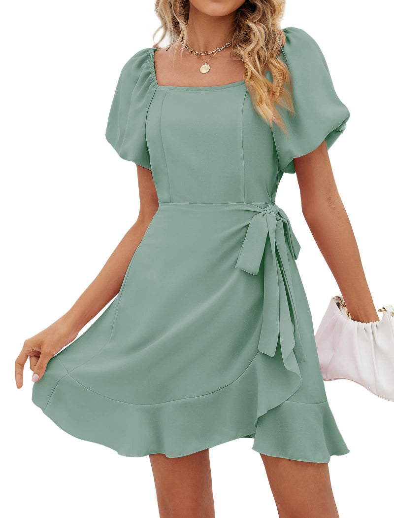 Sampeel Knee Length Dresses for Women Summer Country Concert Short Sleeve Saga Green Dress L - Image 1