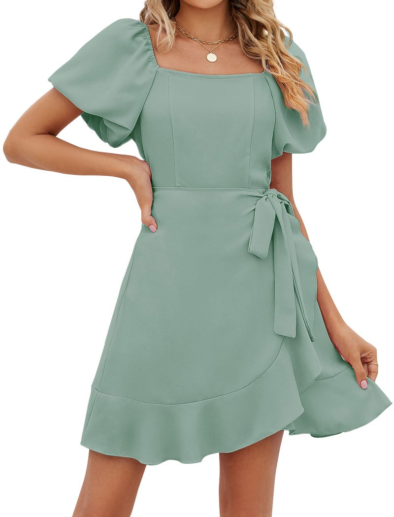 Sampeel Knee Length Dresses for Women Summer Country Concert Short Sleeve Saga Green Dress L - Image 2