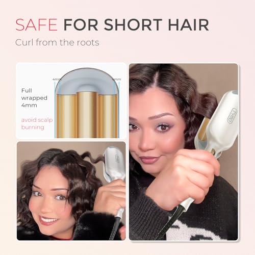 TYMO Curling Iron Hair Crimper Waver - TYMO ROVY Beach Waves Curling Wand, Ionic Deep Waver Hair Curler Tool with Ceramic 3 Barrel for Women, Dual Voltage, Anti-Scald, Easy to Use, Elegant Gold, 1 Inch - Image 5