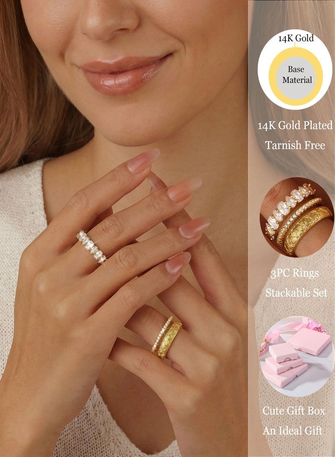 PLOMFOV Stackable Gold Rings for Women Non Tarnish Chunky Cubic Zirconia 14K Gold Plated Ring Set Stack Dainty Statement Promise Wedding Bands Engagement Rings for Women Size 5-10, Metal, Cubic - Image 3